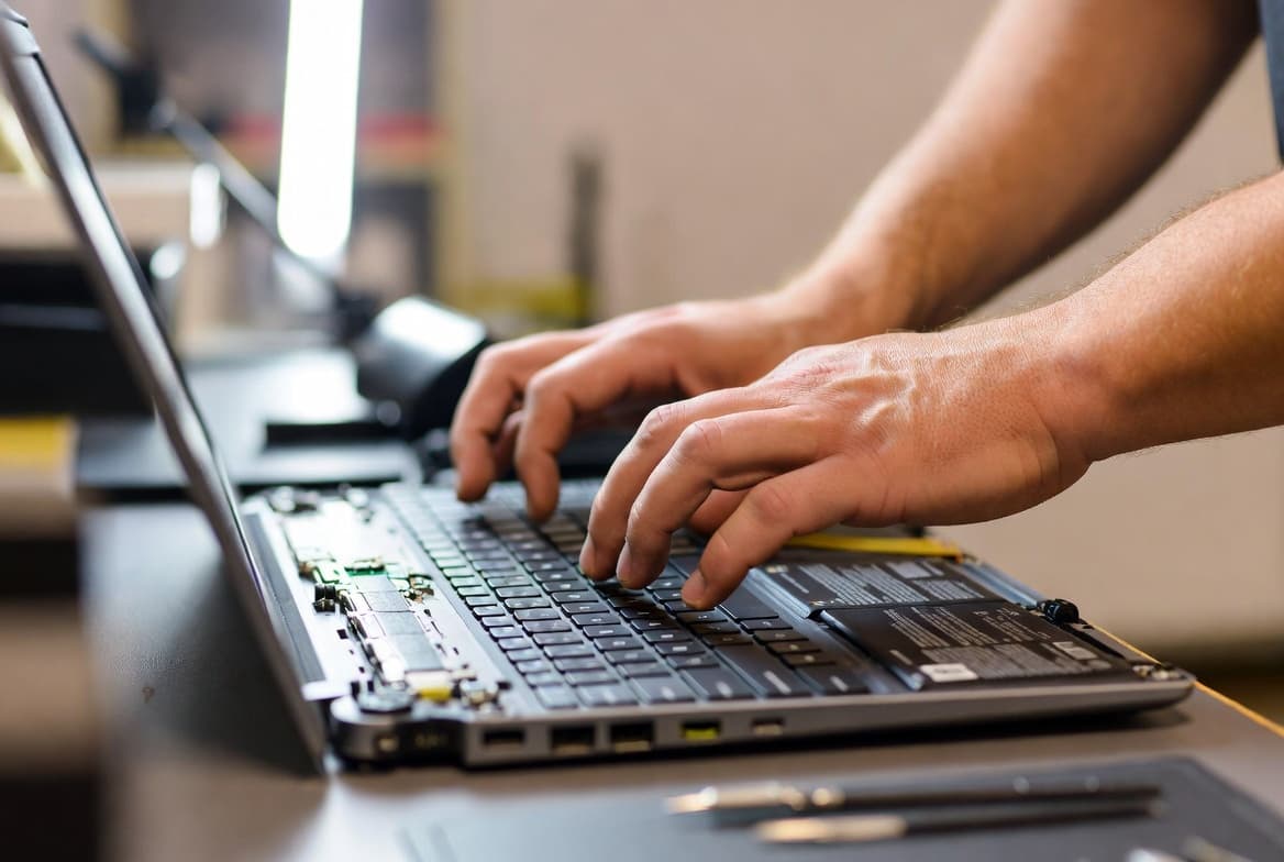 Certified NoBull IT Solutions technician repairing a laptop computer at the Johnstown repair shop
